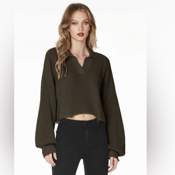Revolve Bobi Distressed Sweater Drop Shoulder Army Green Women's Small NWT - Picture 1 of 3